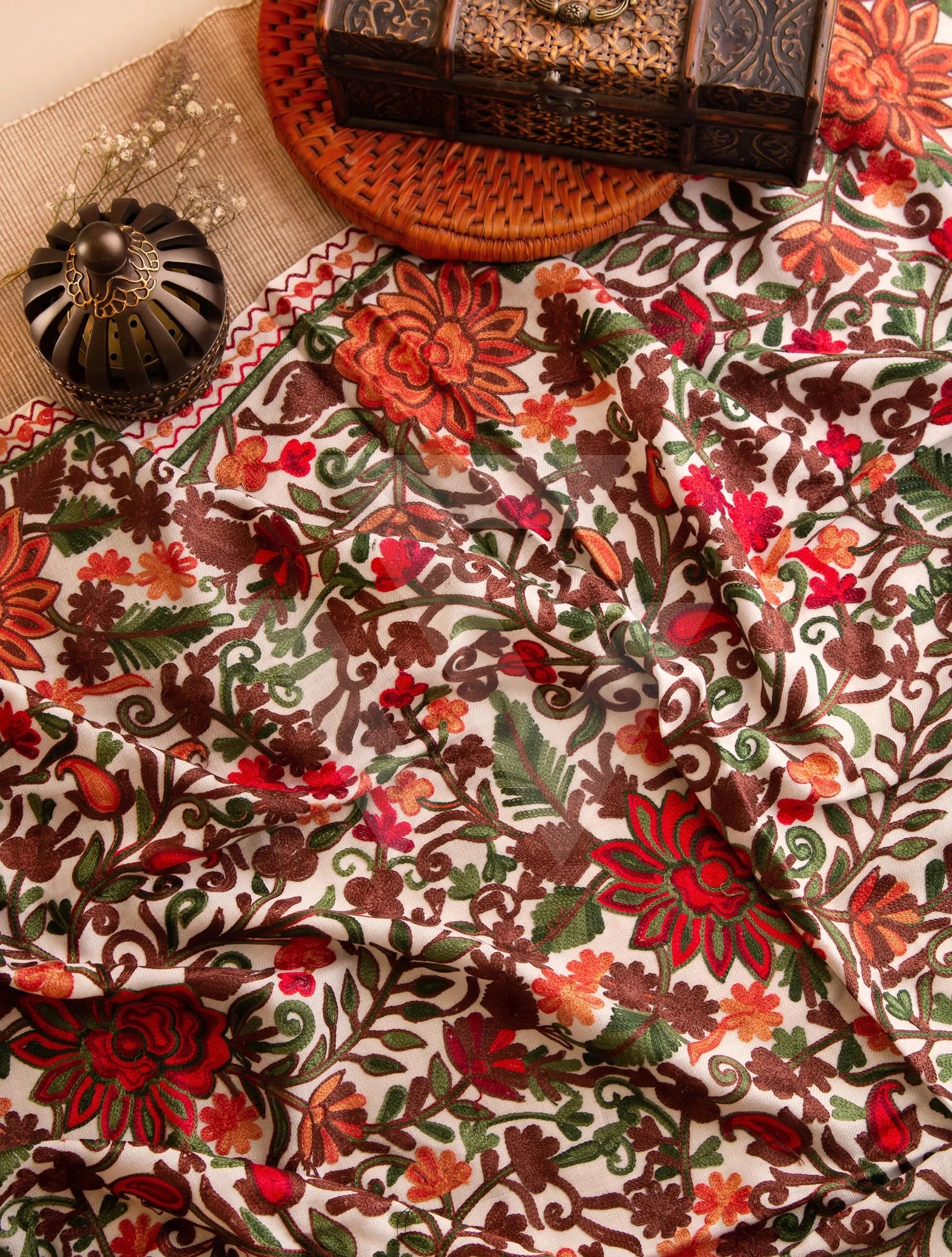 Multi-coloured Aari Jali work Pashmina Shawl