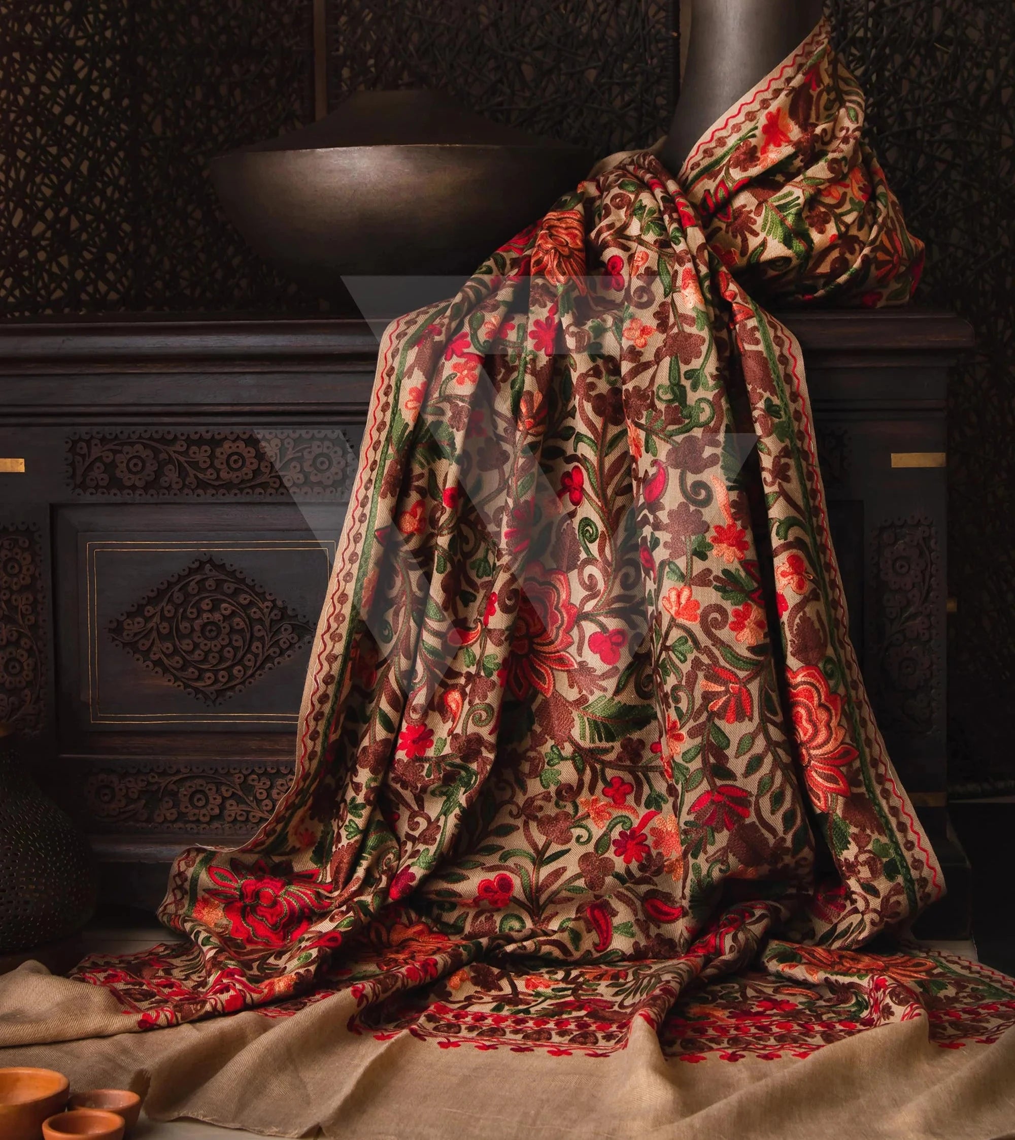 Multi-coloured with Camel color base Aari Jali work Shawl