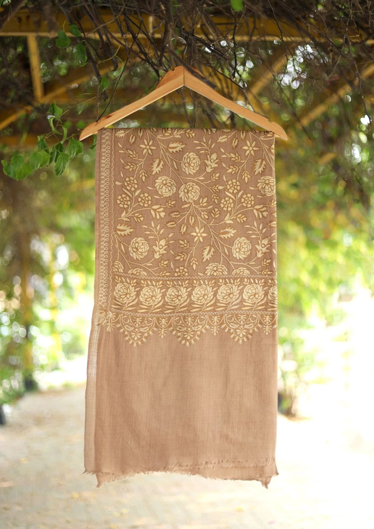Fawn Color Aari work  Pashmina Shawl