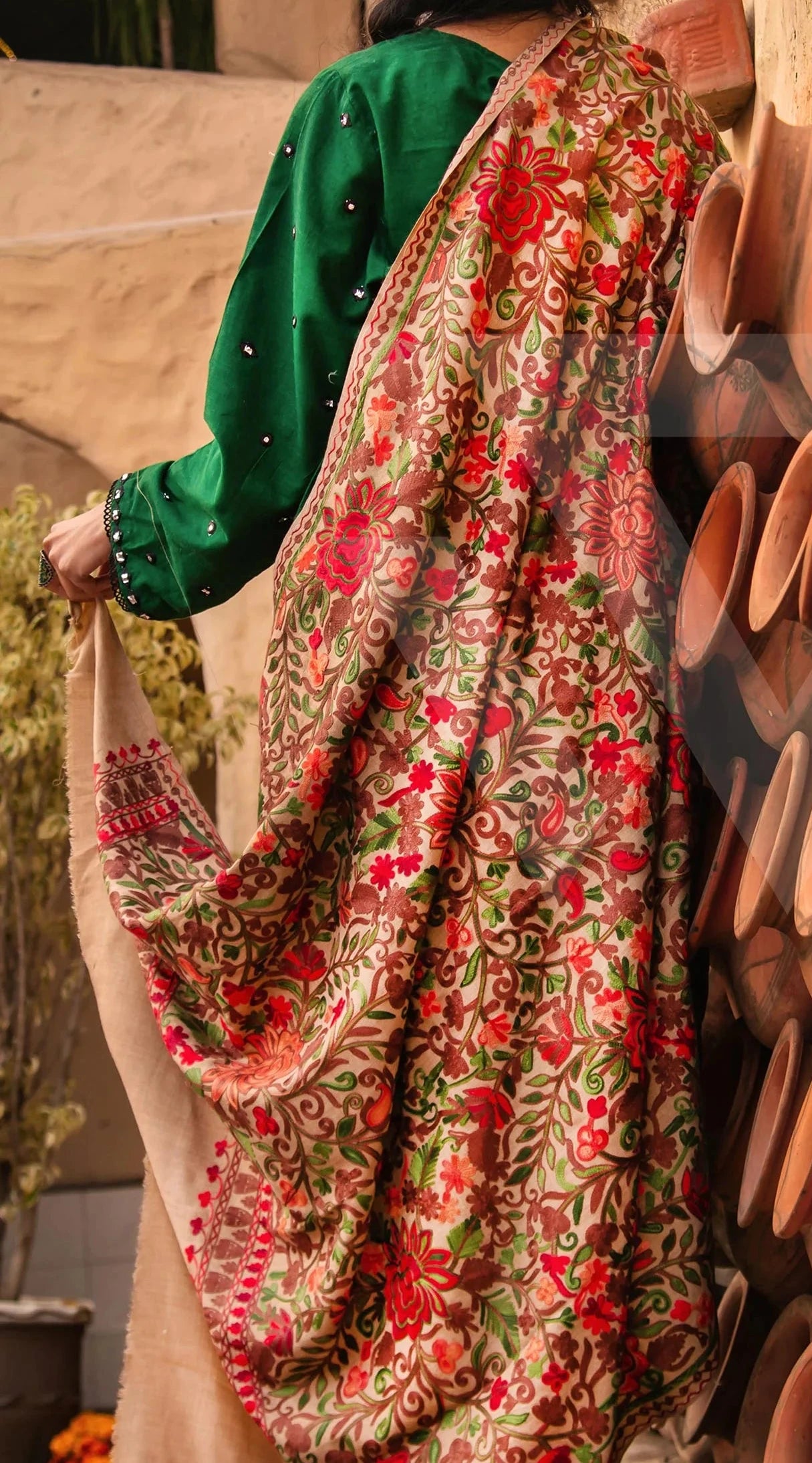 Multi-coloured with Camel color  base  Aari Jali  work  Shawl