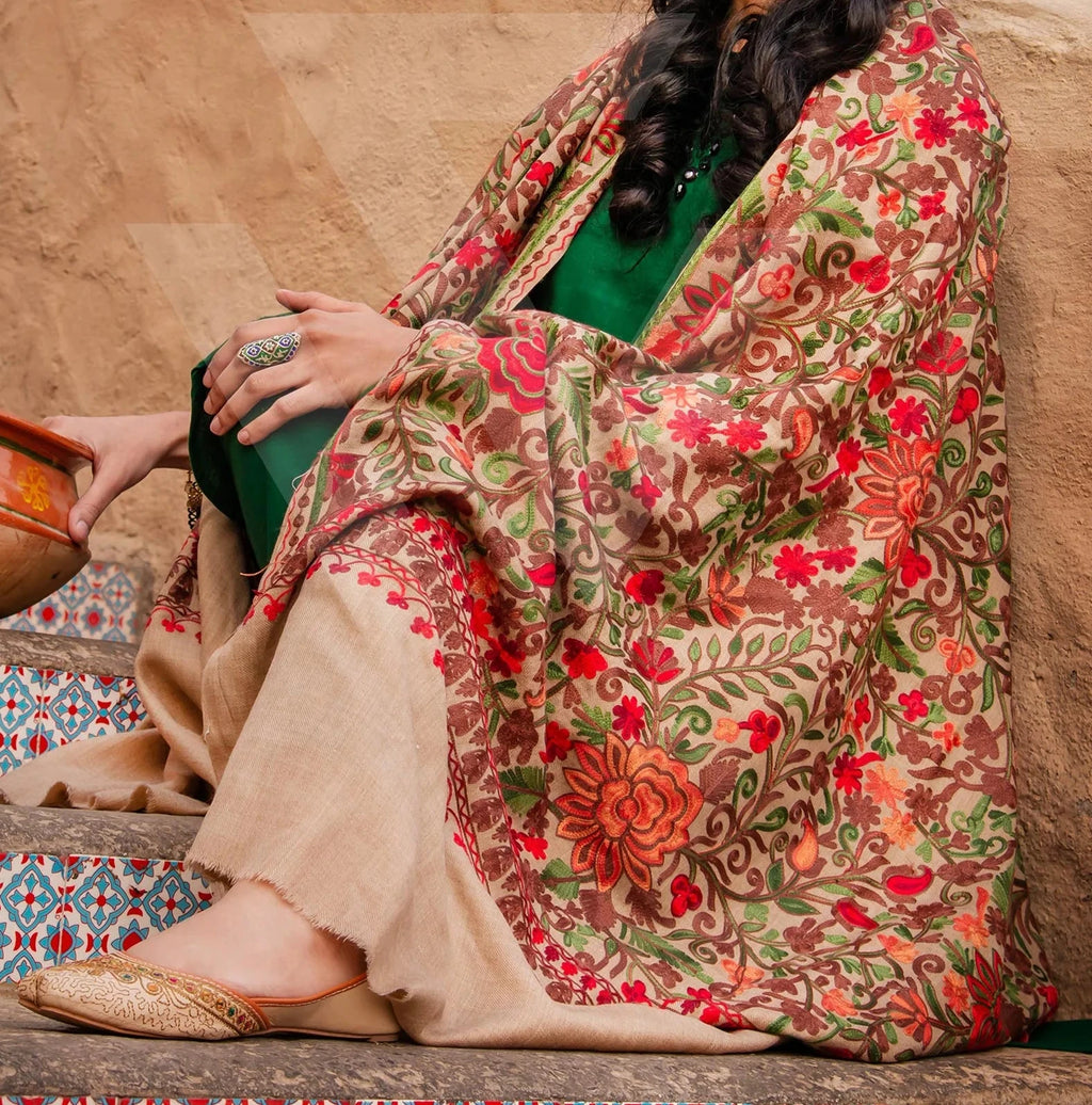 Multi-coloured with Camel color  base  Aari Jali  work  Shawl