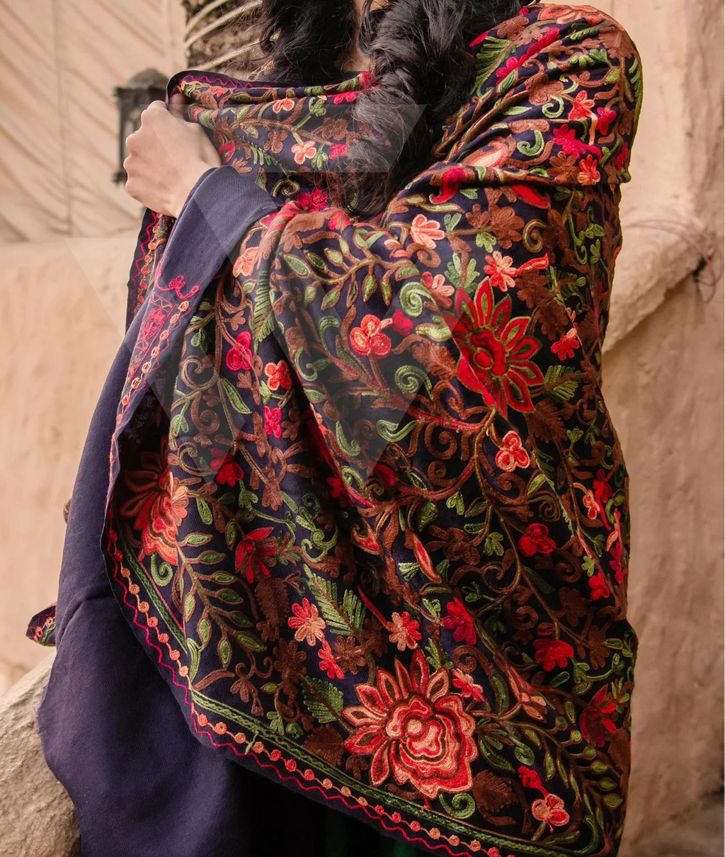 Multi-coloured with Black base  Aari Jali  work Pashmina Shawl