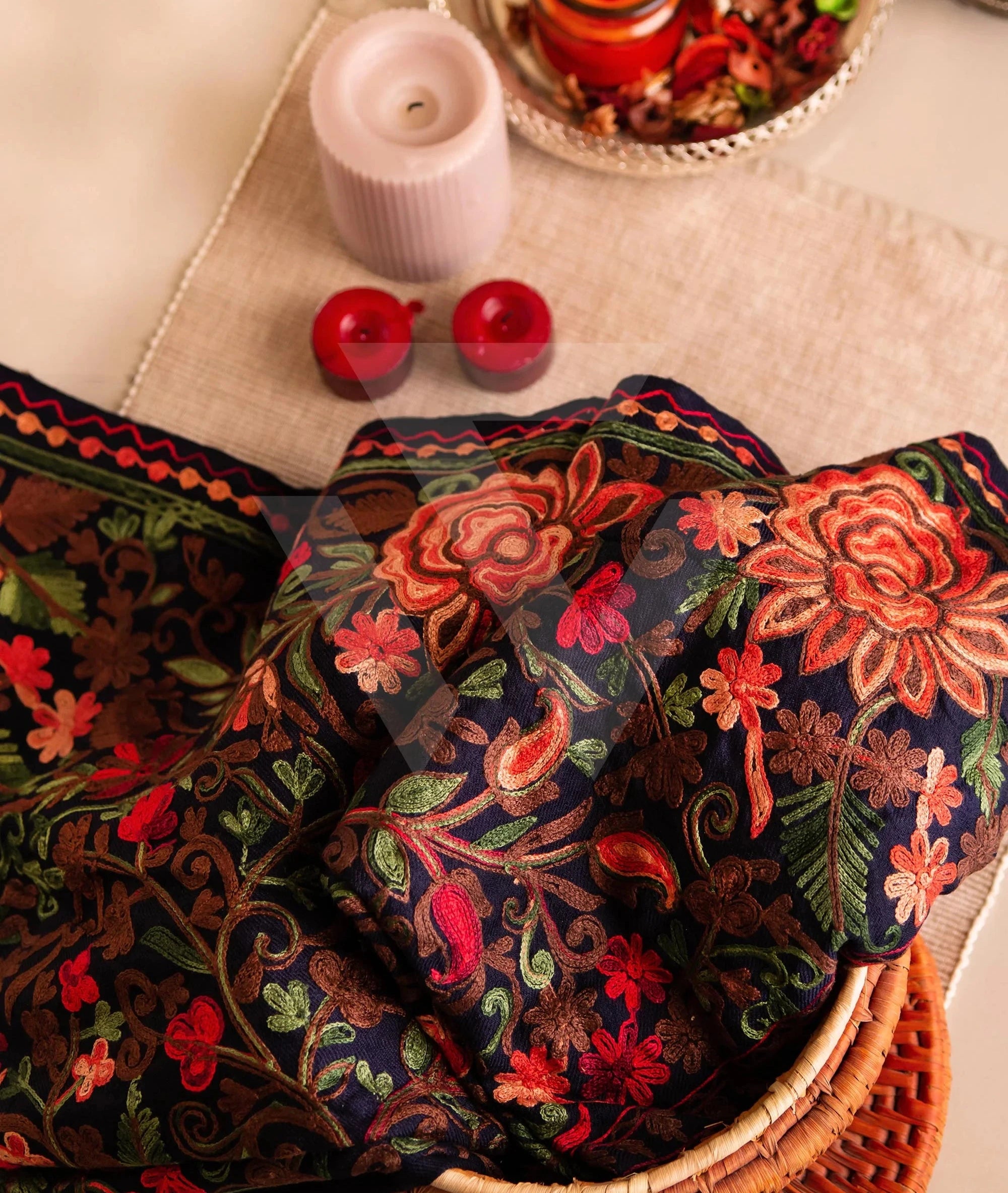 Multi-coloured with Black base  Aari Jali  work Pashmina Shawl