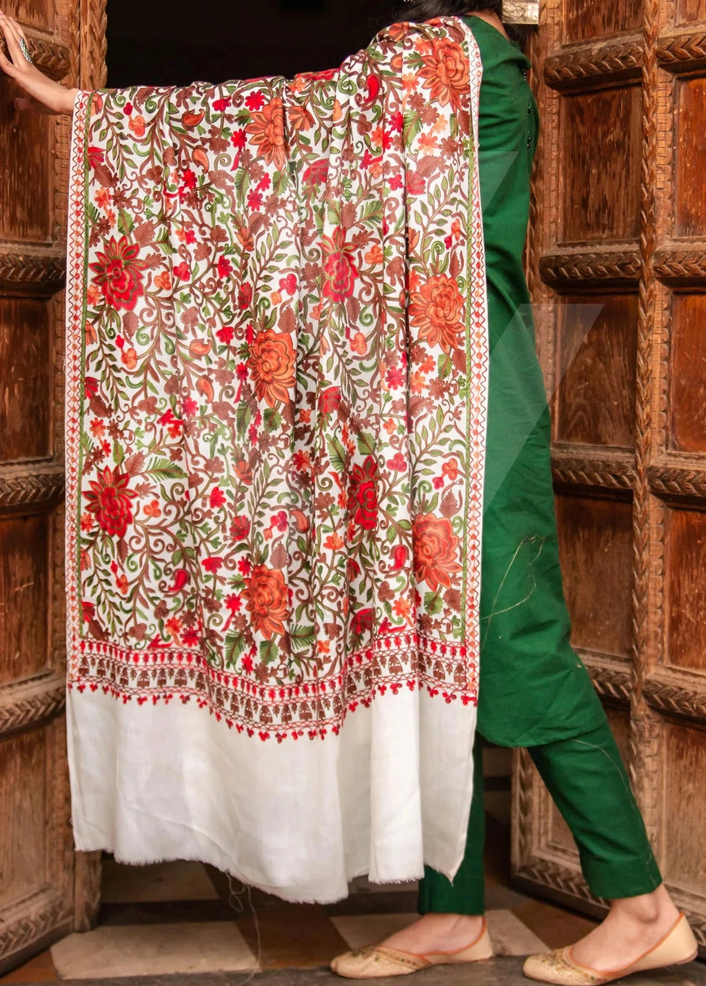 Multi-coloured Aari Jali  work Pashmina Shawl