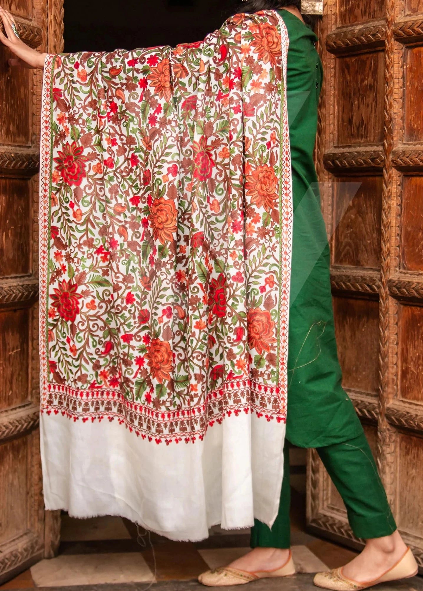 Multi-coloured Aari Jali  work Pashmina Shawl