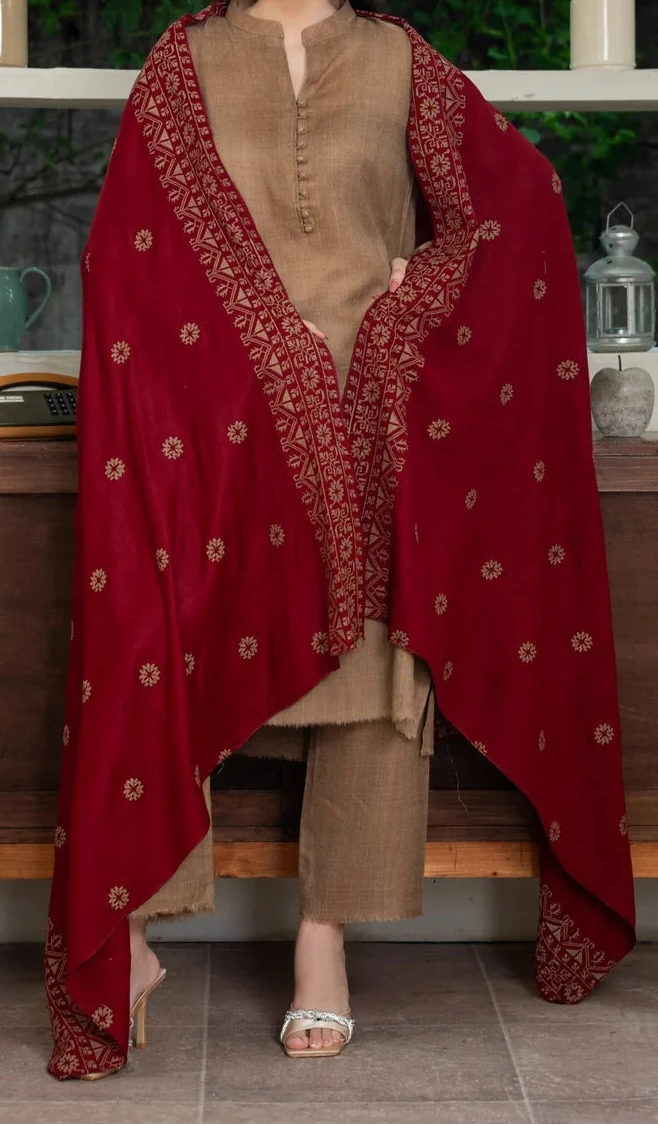 Woman wearing a beige kurta with a red dupatta in a home setting