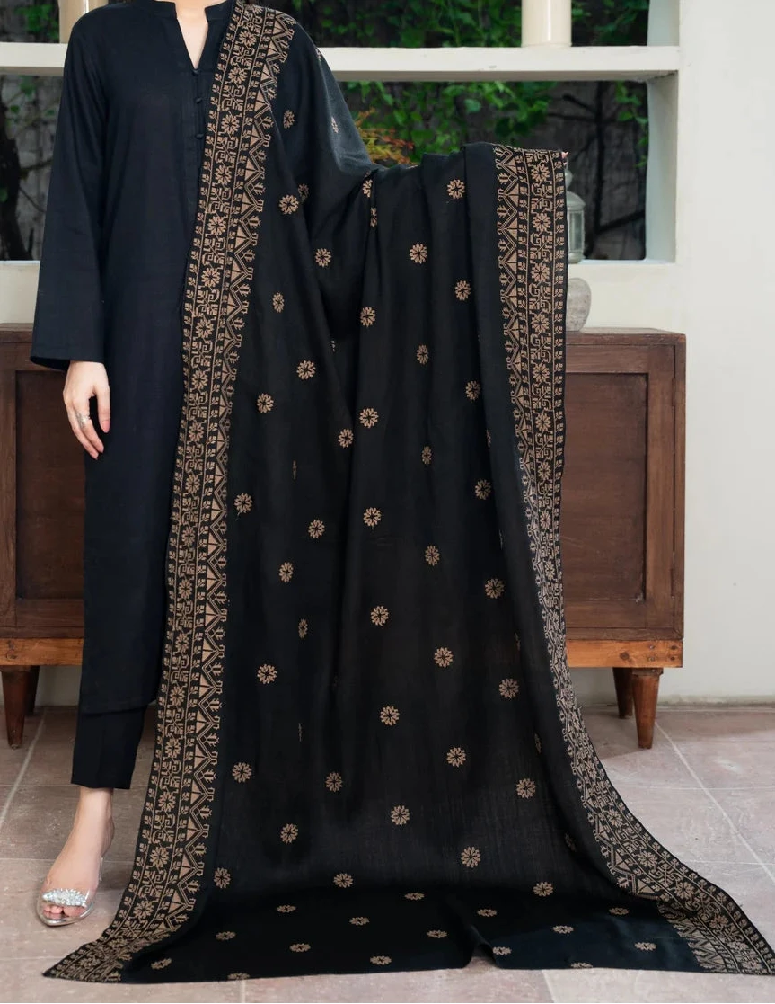 Woman wearing a black outfit with a matching dupatta draped over her shoulder, standing indoors.
