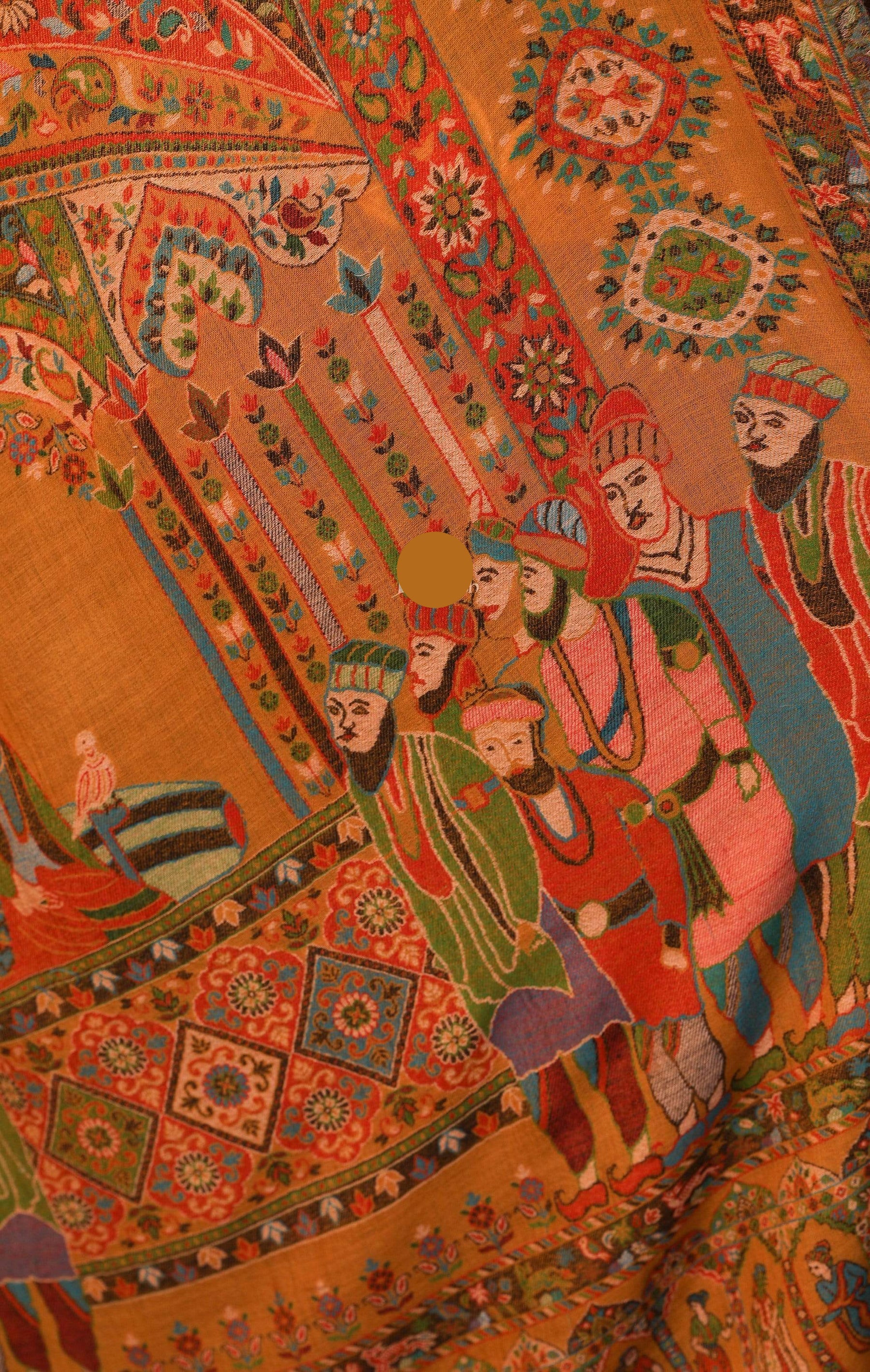 Colorful tapestry with intricate patterns and figures on an orange background